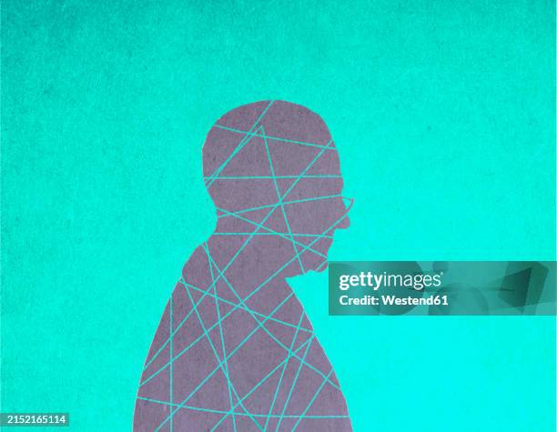 stockillustraties, clipart, cartoons en iconen met illustration of senior man with tangled lines over blue background - eenzaamheid