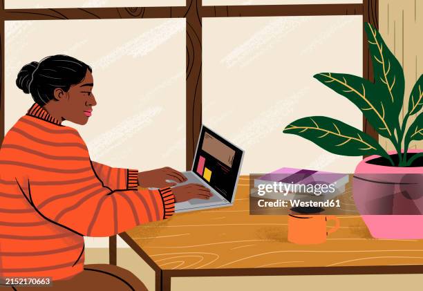 businesswoman using laptop on table working from home office - book dedication stock illustrations