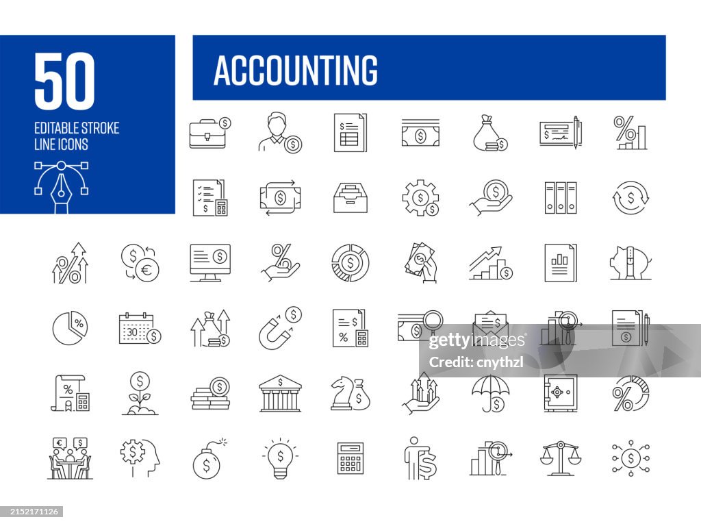 Symbolsatz für Buchhaltungszeilen. Geld, Finanzen, Geschäft, Budget, Berechnung.