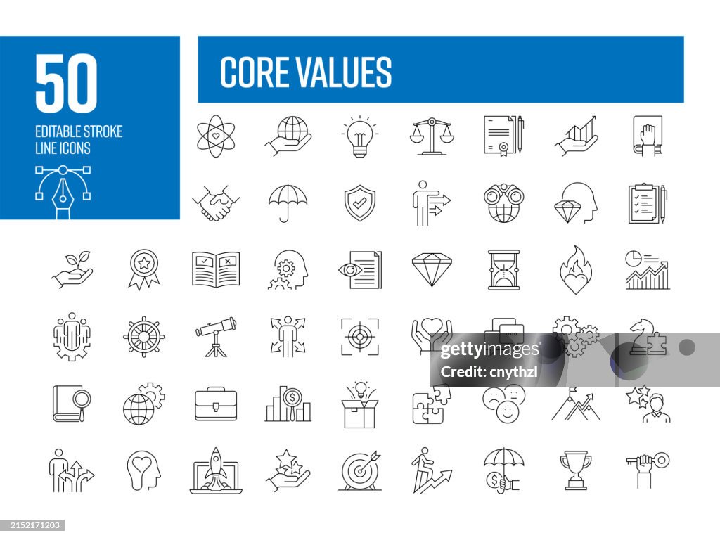 Core Values Line Icon Set. Vertrauen, Integrität, Ehrlichkeit, Verantwortung, Qualität.