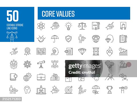 Set di icone della linea dei valori fondamentali. Fiducia, Integrità, Onestà, Responsabilità, Qualità. Set di icone della linea dei valori fondamentali. Fiducia, Integrità, Onestà, Responsabilità, Qualità.