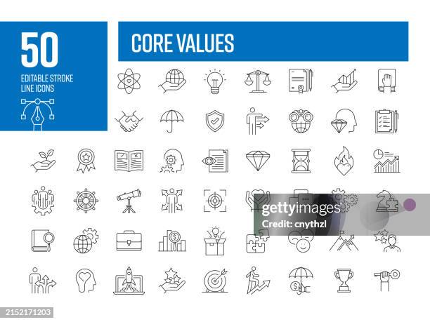 core values line icon set. trust, integrity, honesty, responsibility, quality. - business stock illustrations
