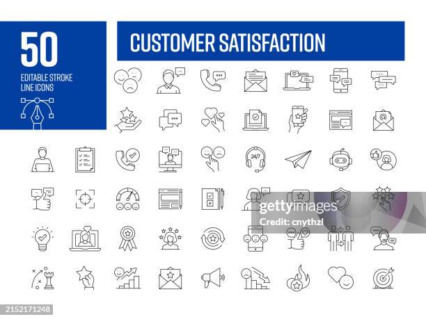 ilustrações de stock, clip art, desenhos animados e ícones de customer satisfaction line icon set. support, connection, rating, feedback. - feedback comunicação