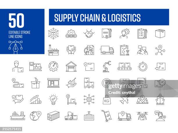 ilustraciones, imágenes clip art, dibujos animados e iconos de stock de conjunto de iconos de línea de gestión de la cadena de suministro. logística, producción, comercio, planificación. - cuarto almacén