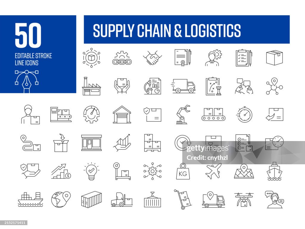 Supply Chain Management Line Icon Set. Logistics, Production, Trade, Planning.