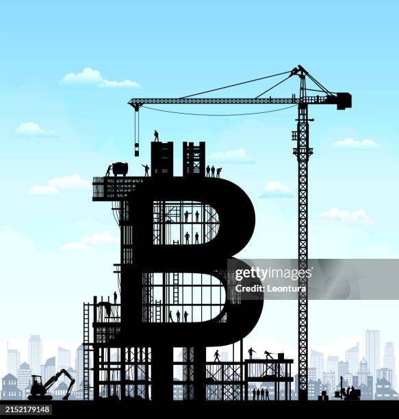 making bitcoin scaffolding silhouette concept - bitcoin mine stock illustrations
