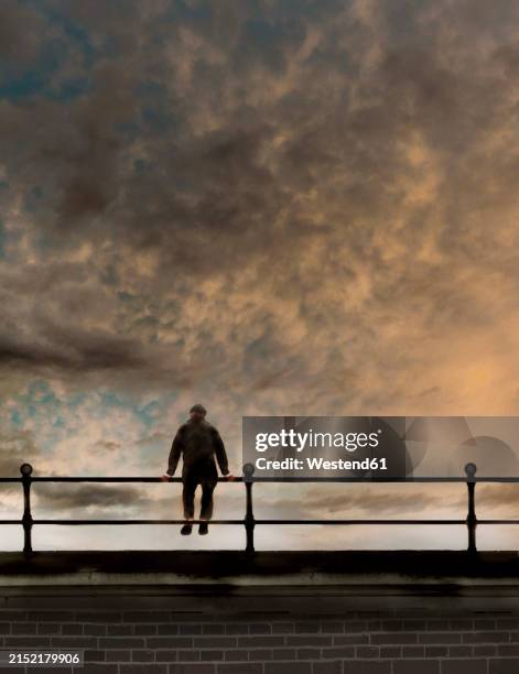 Man At Railing Illustration Of Man Sitting On Railing Under Storm Clouds High-Res ...