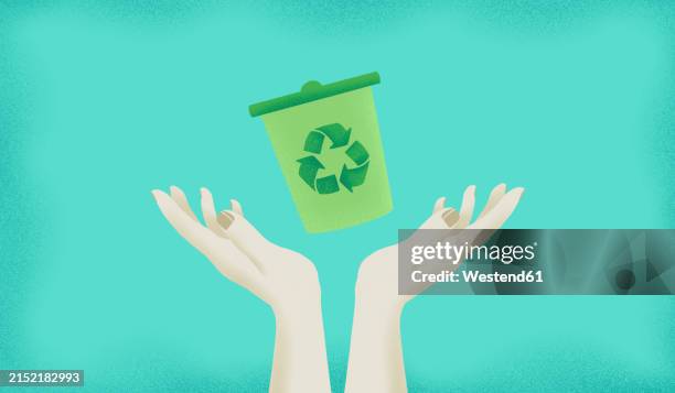 hands with recycling garbage can against turquoise background - protester studio stock illustrations