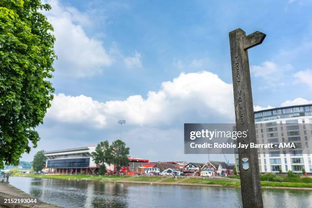 General exterior view of The City Ground as a sign for Trent Valley Way is seen during the Premier League match between Nottingham Forest and Chelsea...