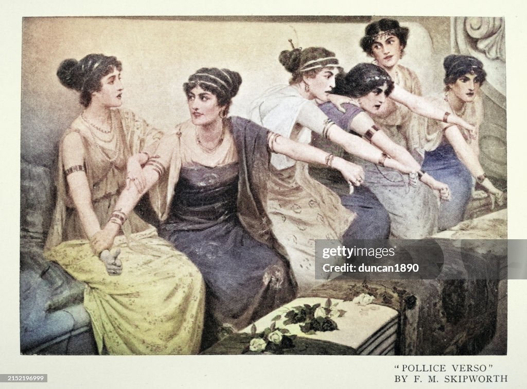 Mujeres viendo juegos de gladiadores en la Antigua Roma, Pollice Verso, Pulgares hacia abajo, según la pintura de Frank Markham Skipworth, arte victoriano