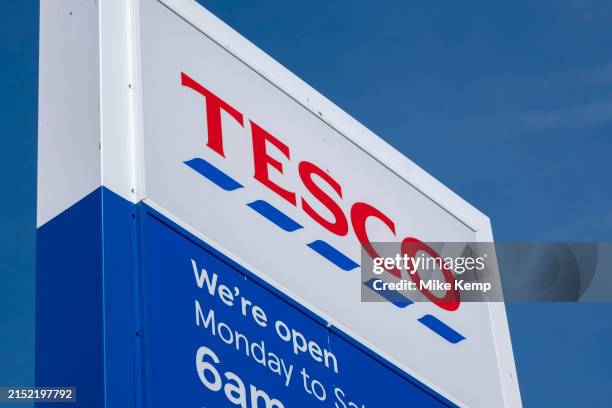 Tesco supermarket logo outise the store on Old Kent Road on 8th May 2024 in London, United Kingdom. Tesco plc is a global grocery and general...