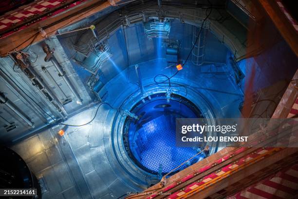 This photograph taken on April 25 shows the nuclear pool and its vessel inside the Flamanville 3 nuclear reactor building at the nuclear plant of...