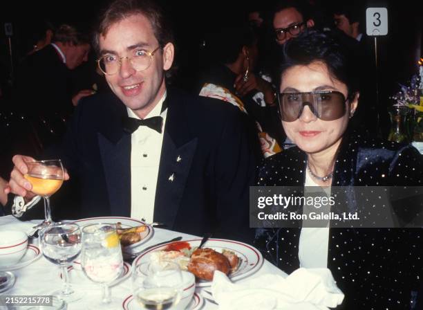 Hungarian-American designer Sam Havadtoy and Japanese artist, musician, & activist Yoko Ono attend a Works benefit gala at Sardi's Restaurant, New...
