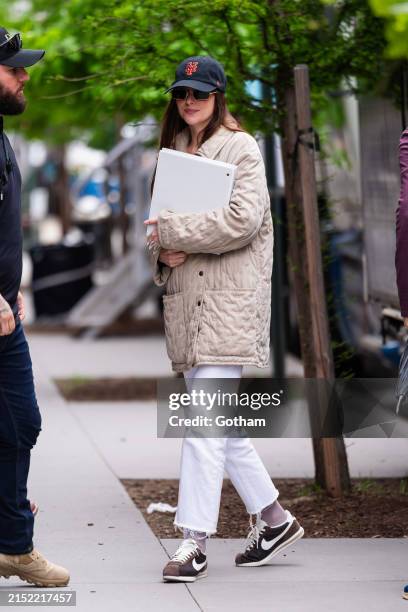 Dakota Johnson is seen filming "Materialists" in Tribeca on May 09, 2024 in New York City.