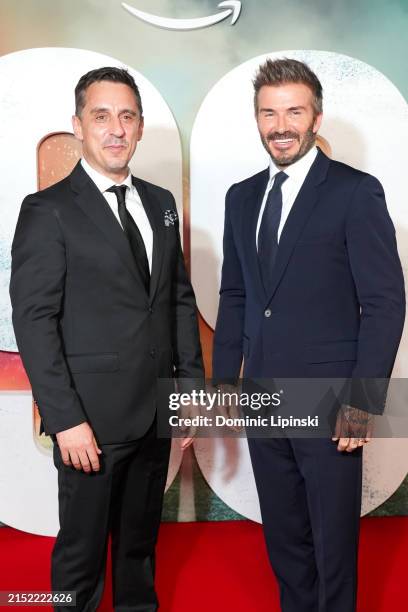 Gary Neville and David Beckham attend the "99" World Premiere at Printworks on May 09, 2024 in Manchester, England.