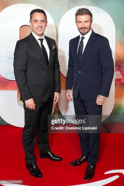 Gary Neville and David Beckham attend the "99" World Premiere at Printworks on May 09, 2024 in Manchester, England.
