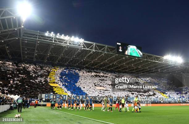 General view as players of Atalanta BC and Marseille walk out onto the pitch ahead of kick-off prior to the UEFA Europa League 2023/24 Semi-Final...