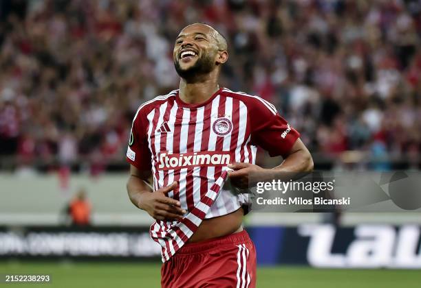 Ayoub El Kaabi of Olympiakos celebrates scoring his team's second goal during the UEFA Europa Conference League 2023/24 Semi-Final second leg match...