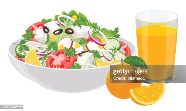 illustrazioni stock, clip art, cartoni animati e icone di tendenza di insalata di verdure e succo isolati su sfondo bianco. - cucina greca