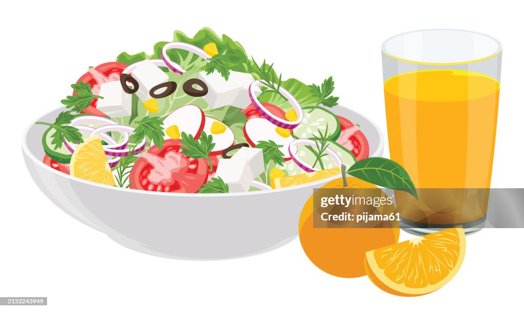 Vegetable salad and juice isolated on white background.