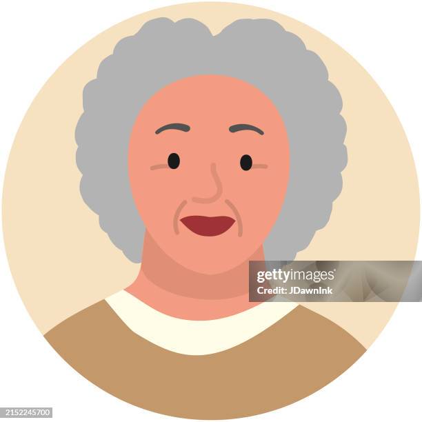 ilustrações de stock, clip art, desenhos animados e ícones de circle shaped icon or avatar of an adult senior or baby boomer smiling overweight white female with curly gray hair - obesity icon