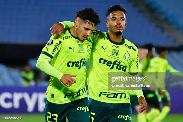 Rafael Veiga of Palmeiras celebrates with teammate Gabriel Menino after scoring the first goal of the team during a Group F match between Palmeiras...