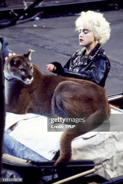American singer-songwriter and actress Madonna on the set of the 1986 music video, 'Who's That Girl' in New York, New York, December 1986.