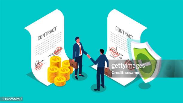 ilustraciones, imágenes clip art, dibujos animados e iconos de stock de firma de un contrato, asociación o transacción comercial, inversión comercial o acuerdo de seguridad de seguros, dos hombres de negocios de pie junto a un contrato firmado y dándose la mano - acuerdo