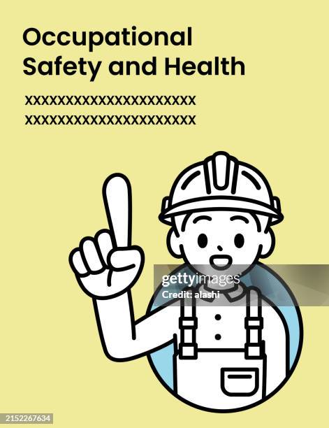 a boy wearing a hard hat and overalls with suspenders or braces, smiling, pointing upwards with his index finger, a simple line drawing or icon of a construction worker or builder - suspenders stock illustrations