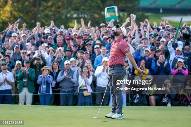 Masters champion Jon Rahm of Spain celebrates after winning the final round of the 2023 Masters Tournament at Augusta National Golf Club, Sunday,...