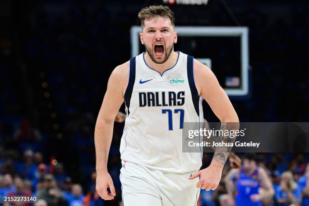 Luka Doncic of the Dallas Mavericks reacts during the fourth quarter against the Oklahoma City Thunder in Game Two of the Western Conference Second...