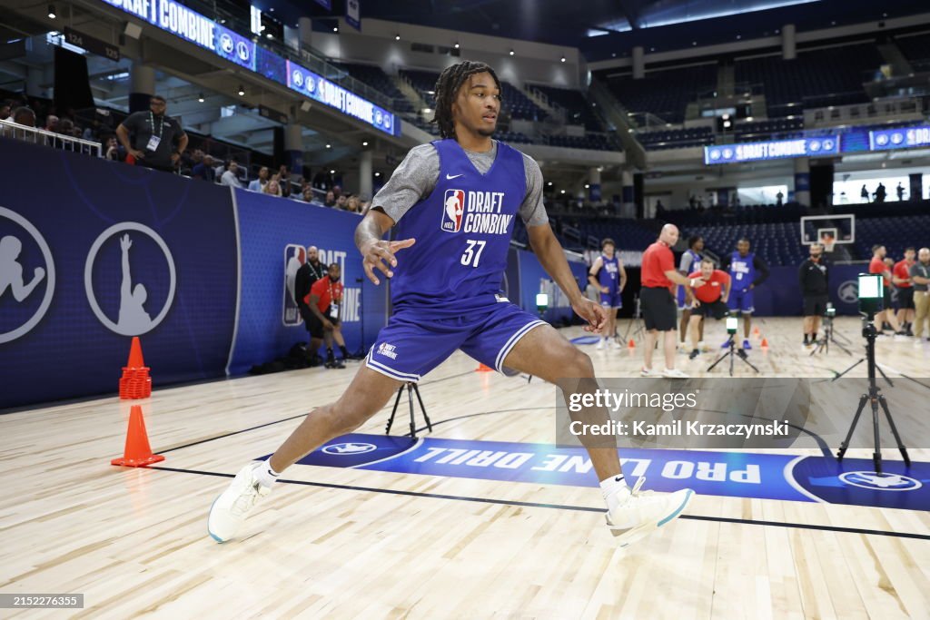 Stephon Castle does the agility drill during the 2025 NBA Combine on