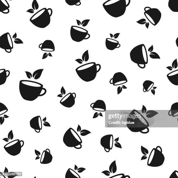 cup and tea leaves. seamless pattern. icons on white background - tea leaf stock illustrations