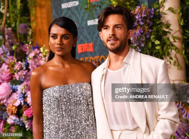 British actors Simone Ashley and Jonathan Bailey arrive for Netflix's "Bridgerton Season 3" premiere at Alice Tully Hall on May 13 in New York City.