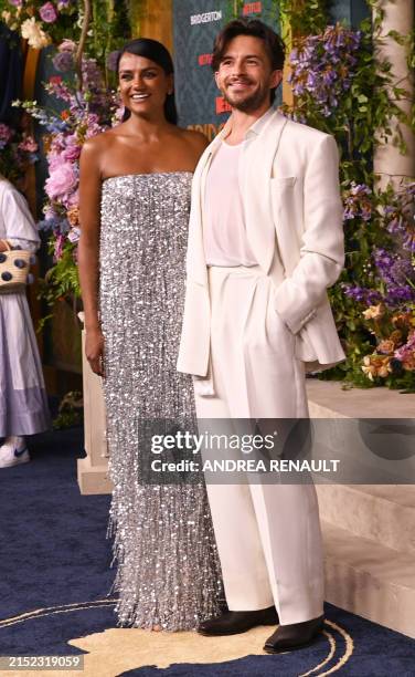 British actors Simone Ashley and Jonathan Bailey arrive for Netflix's "Bridgerton Season 3" premiere at Alice Tully Hall on May 13 in New York City.