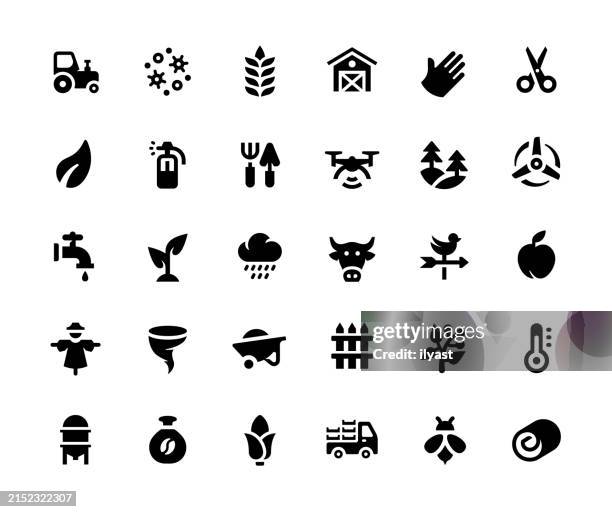 illustrazioni stock, clip art, cartoni animati e icone di tendenza di set di icone solide per l'agricoltura - solido