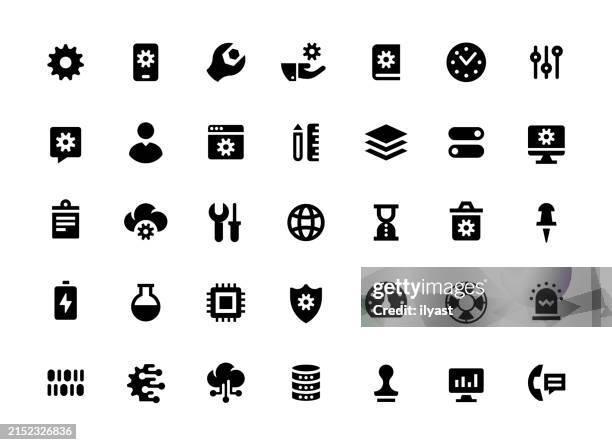 illustrazioni stock, clip art, cartoni animati e icone di tendenza di set di icone solide per l'industria e l'elettronica - solido