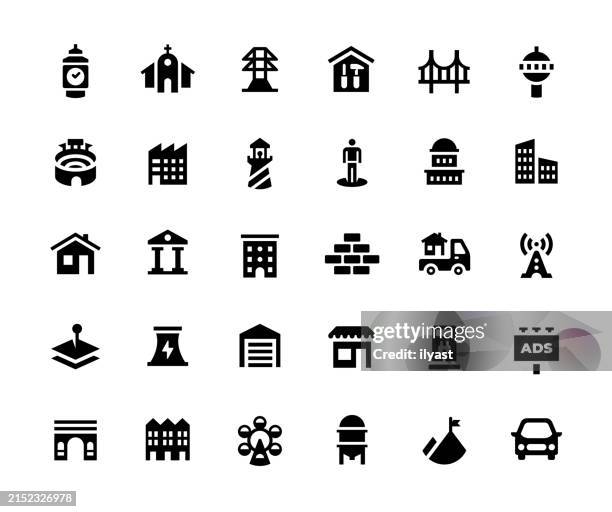 illustrazioni stock, clip art, cartoni animati e icone di tendenza di set di icone solide per la logistica e le infrastrutture - solido