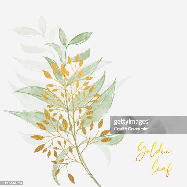 ilustrações de stock, clip art, desenhos animados e ícones de hand drawn gold colored and green watercolor leaves, wedding illustration, single elements. - ramo-de-flores