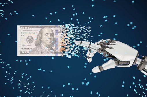 AI Artificial Intelligence Robot Holding US Dollar. Digital Money Transaction Concept