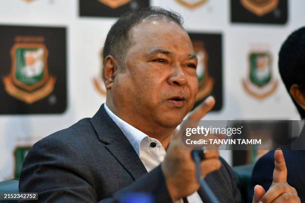 The chief selector of the Bangladesh Cricket Board Gazi Ashraf Hossain addresses a press conference at the Sher-E-Bangla National Cricket Stadium in...