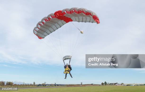 senior woman landing after a tandem parachute jump - parachute stock pictures, royalty-free photos & images
