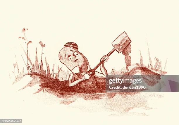 caricature of a runner bean digging a hole with a spade, the vege-men's revenge, children's book illustration, florence k upton, 1890s - spade stock illustrations