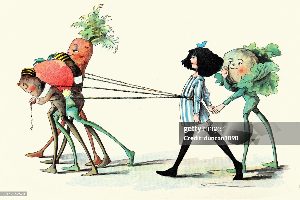 Fairy tale, Little girl taken captive by vegetable men, The Vege-men's revenge, children's book illustration, Florence K Upton, 1890s