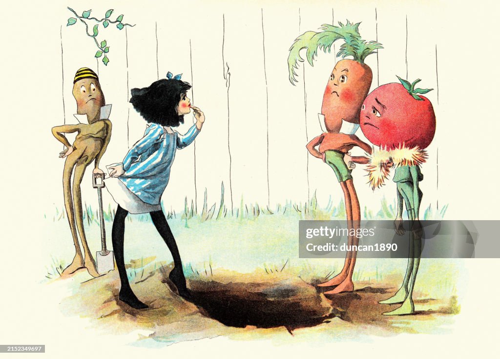 Fairy tale, Little girl talking to vegetable men, Carrot, Tomato, Runner bean, The Vege-men's revenge, children's book illustration, Florence K Upton, 1890s