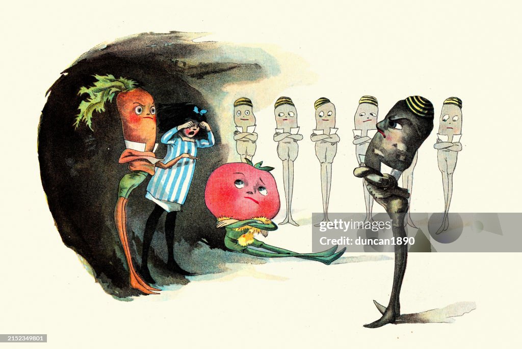 Girl underground with a carrot man and tomato man, The Vege-men's revenge, children's book illustration, Florence K Upton, 1890s