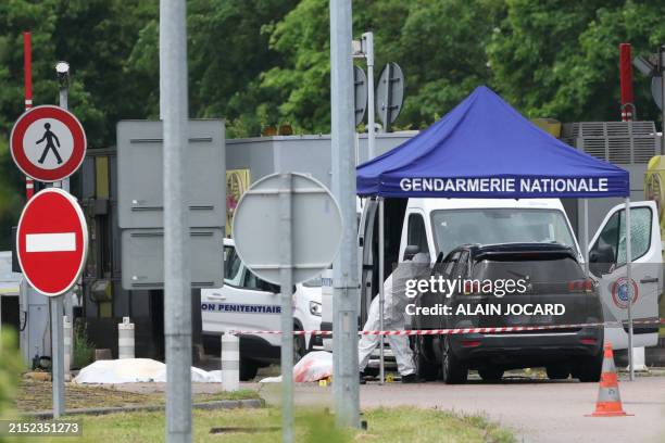 Forensic is at work at the site of a ramming attack which took place late morning at a road toll in Incarville in the Eure region of northern France,...