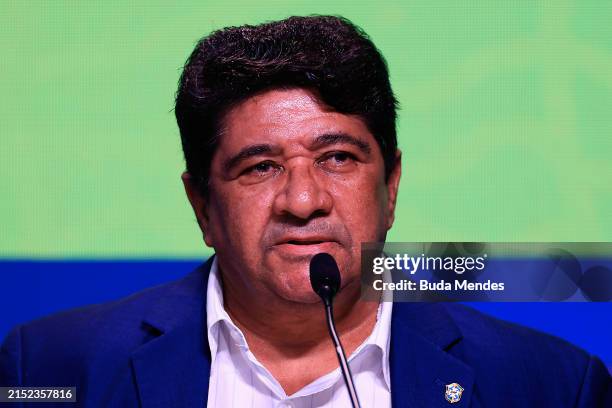 Ednaldo Rodrigues, President of the CBF attends a press during the annoucement of Brazil's 2024 Copa America Squad at CBF Headquarters on May 10,...