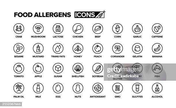 lebensmittelallergene-linien-icon-set. gruppe von objekten. vegane ernährung, glutenfrei, allergene, allergien. - sesam stock-grafiken, -clipart, -cartoons und -symbole