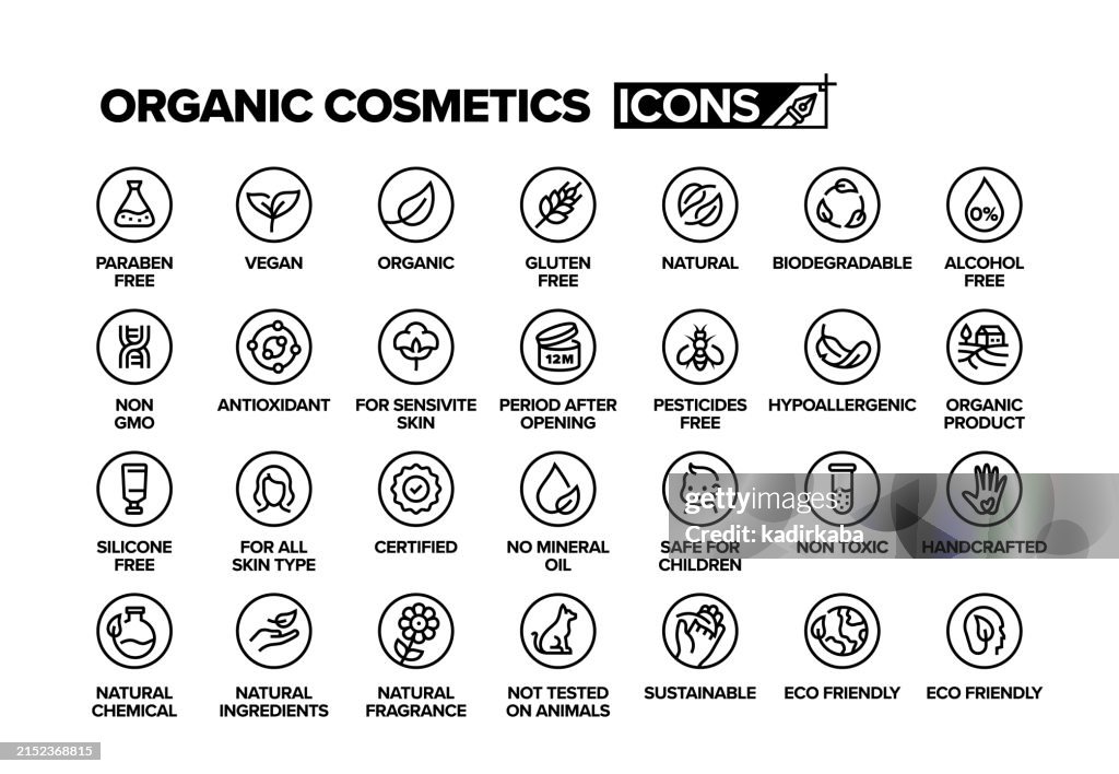 Organic cosmetic line icon set. Beauty products, herbal medicine, skin care, beauty treatments. Group of object.